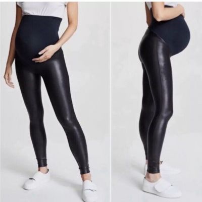 Spanx Mama Faux Leather Leggings Womens M Black Stretch Lightweight Maternity  N